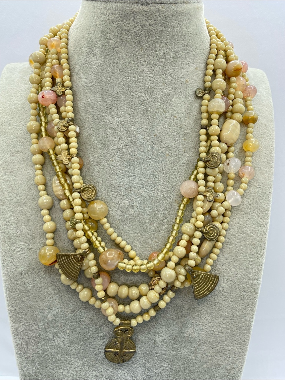 Vintage Multi Strand Agate Jasper Quartz Beaded Statement Necklace
